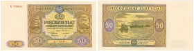 Banknotes
50 zlotych 1946 seria A 

Lekkie ugięcie w pionie, przechodzące w złamanie. Papier świeży. Rzadszy banknot.Lucow 1197a (R3); Miłczak 128b...