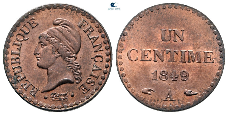 France. AD 1849.
1 Centime

18 mm, 2,01 g



good very fine