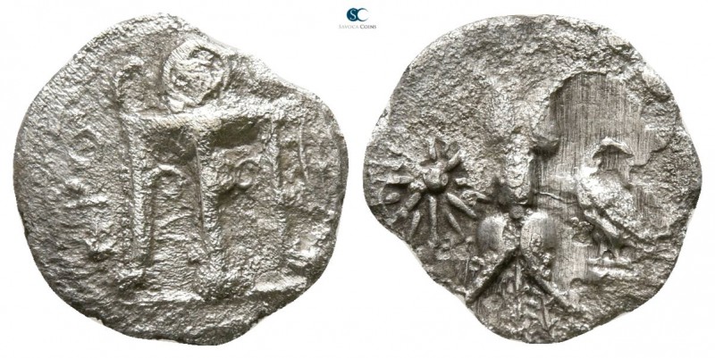 Bruttium. Kroton 400-350 BC. 
Triobol AR

10mm., 0,64g.

KPO, tripod; leaf ...