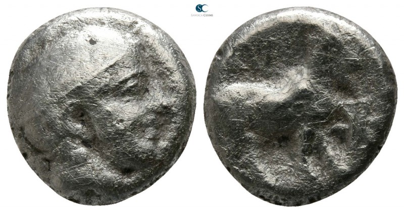 Thrace. Ainos 431-429 BC. 
Tetrobol AR

11mm., 2,38g.

Head of Hermes right...