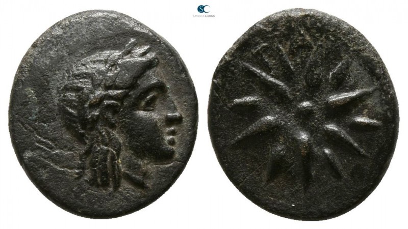 Mysia. Gambrion circa 300 BC. 
Bronze Æ

10mm., 0,92g.

Laureate head of Ap...