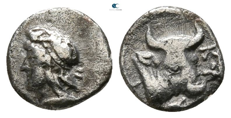 Mysia. Kyzikos circa 450-400 BC. 
Hemiobol AR

6mm., 0,30g.

Head of Attis ...