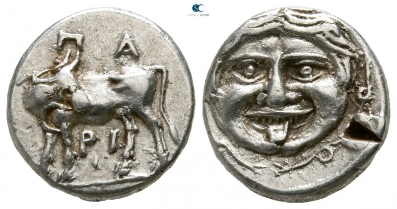 Mysia. Parion 400-300 BC. 
Hemidrachm AR

12mm., 2,03g.

ΠΑ-ΡΙ, bull standi...