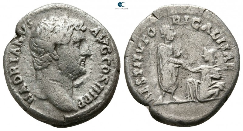 Hadrian AD 117-138. Rome
Denarius AR

16mm., 3,06g.

HADRIANVS AVG COS III ...