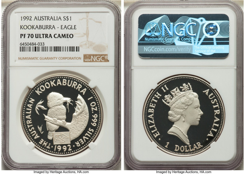 Elizabeth II silver Proof "Kookaburra" Dollar 1992-(ae) PR70 Ultra Cameo NGC, Pe...