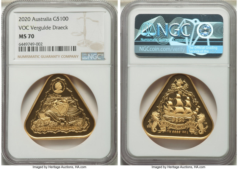 Elizabeth II gold "VOC Vergulde Draeck" 100 Dollars (1 oz) 2020 MS70 NGC, Royal ...