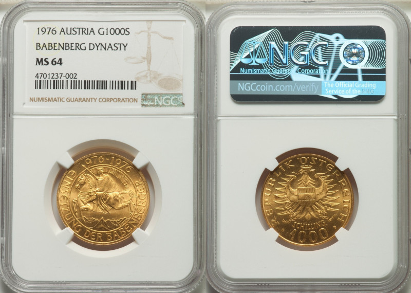 Republic gold "Babenberg Dynasty" 1000 Schilling 1976 MS64 NGC, KM2933. 

HID098...
