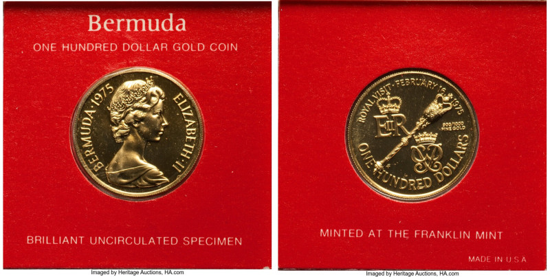 British Colony. Elizabeth II gold "Royal Visit" 100 Dollars 1975-FM UNC, Frankli...