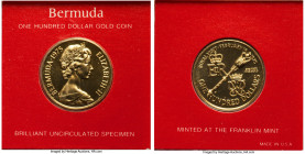 British Colony. Elizabeth II gold "Royal Visit" 100 Dollars 1975-FM UNC, Franklin mint, KM24. Struck in celebration of the Queen's royal visit to Berm...