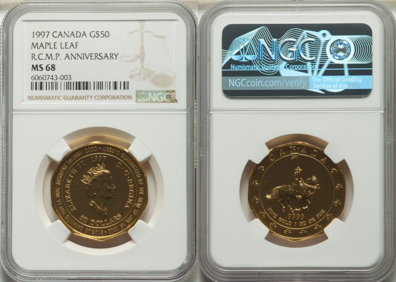 Elizabeth II gold "Maple Leaf- R.C.M.P. Anniversary" 50 Dollars 1997 MS68 NGC, R...