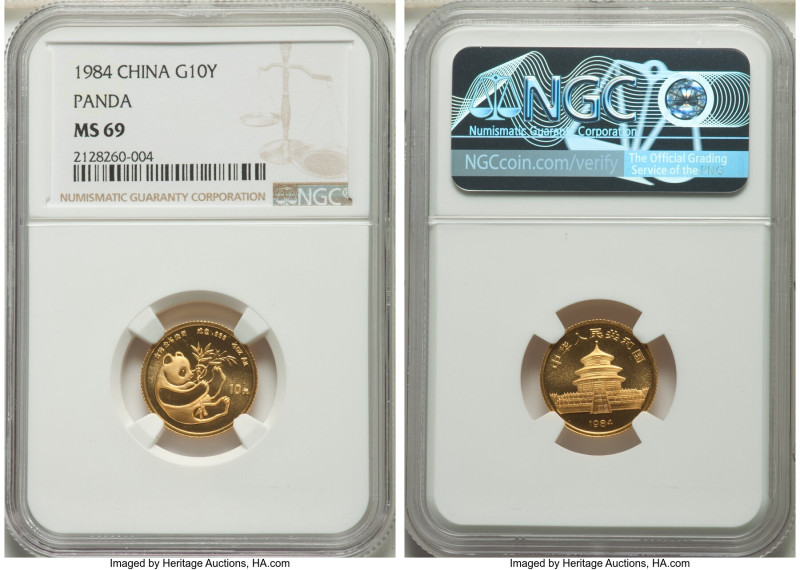 People's Republic gold Panda 10 Yuan (1/10 oz) 1984 MS69 NGC, KM88. 

HID0980124...