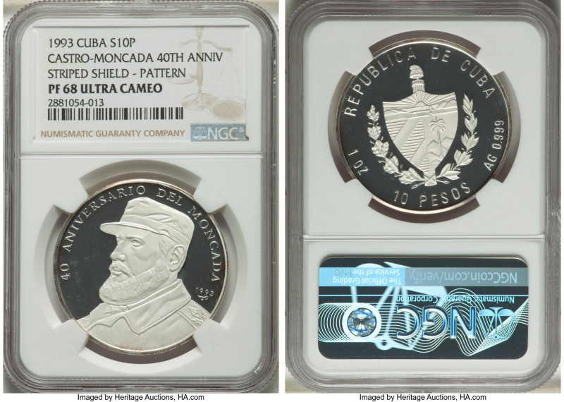 Republic silver Proof Pattern "Fidel Castro" 10 Pesos (1 oz) 1993 PR68 Ultra Cam...