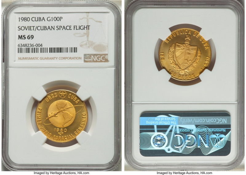 Republic gold "Soviet/Cuban Space Flight" 100 Pesos 1980 MS69 NGC, Havana mint, ...
