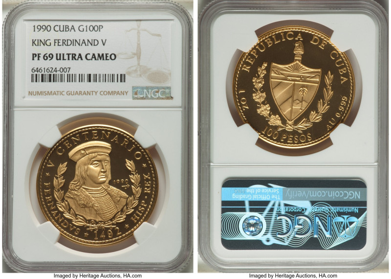 Republic gold Proof "King Ferdinand V" 100 Pesos 1990 PR69 Ultra Cameo NGC, Hava...