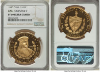 Republic gold Proof "King Ferdinand V" 100 Pesos 1990 PR69 Ultra Cameo NGC, Havana mint, KM303, Fr-47. Mintage: 250. Struck as part of the "500th Anni...