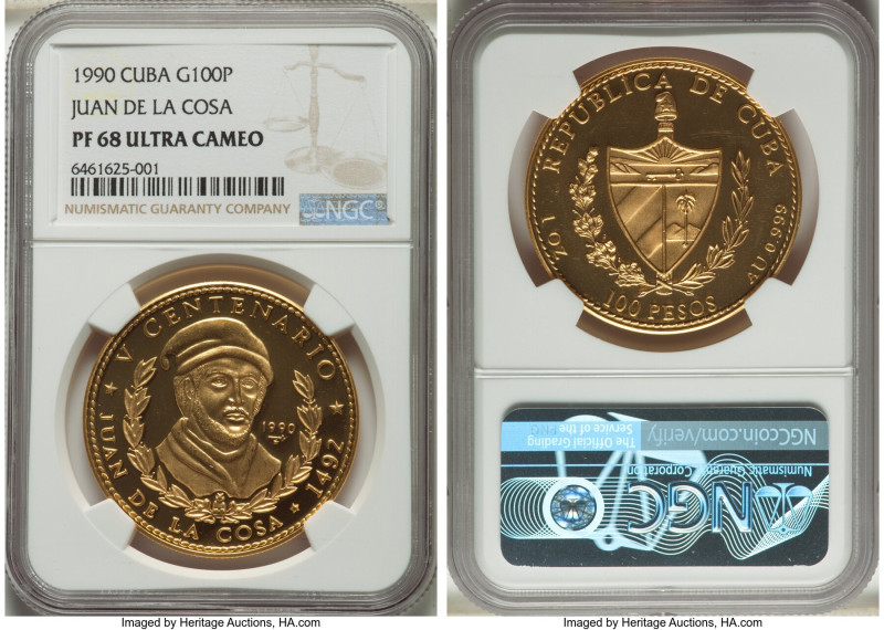 Republic gold Proof "Juan de la Cosa" 100 Pesos 1990 PR68 Ultra Cameo NGC, Havan...