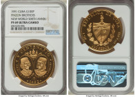 Republic gold Proof "Pinzon Brothers" 100 Pesos 1991 PR69 Ultra Cameo NGC, Havana mint, KM450, Fr-65. Mintage: 200. Struck as part of the "500th Anniv...