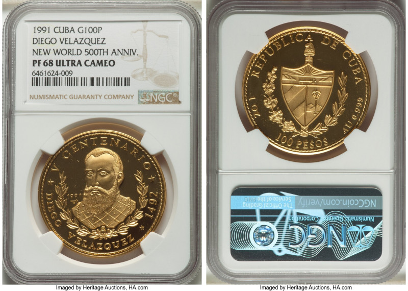 Republic gold Proof "Diego Velázquez" 100 Pesos 1991 PR68 Ultra Cameo NGC, Havan...