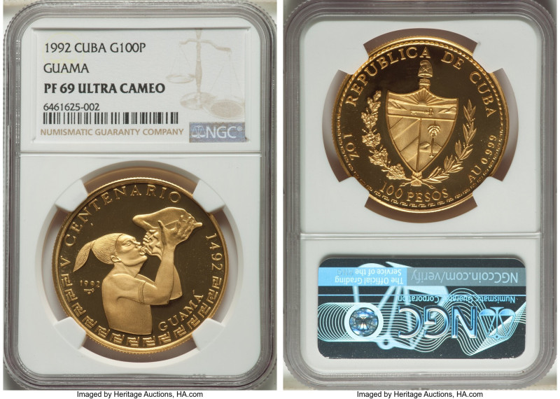 Republic gold Proof "Guamá" 100 Pesos 1992 PR69 Ultra Cameo NGC, Havana mint, KM...