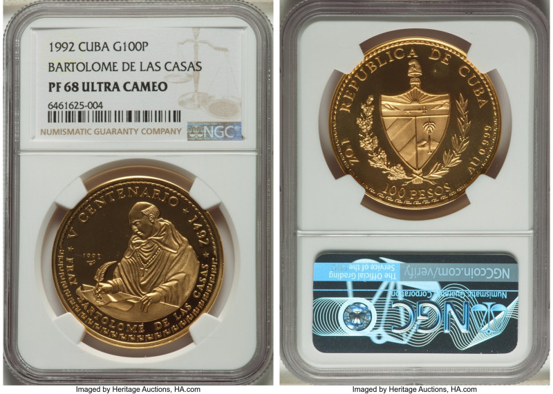 Republic gold Proof "Bartolome de las Casas" 100 Pesos 1992 PR68 Ultra Cameo NGC...