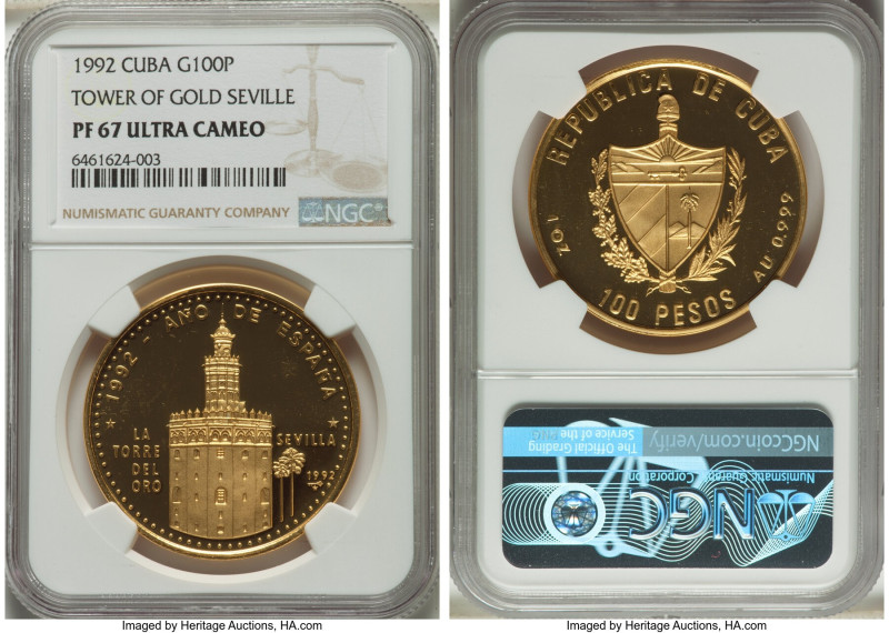 Republic gold Proof "Tower of Gold - Seville" 100 Pesos 1992 PR67 Ultra Cameo NG...