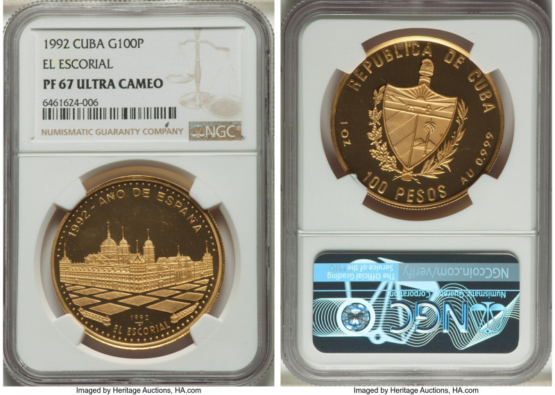 Republic gold Proof "El Escorial" 100 Pesos 1992 PR67 Ultra Cameo NGC, Havana mi...