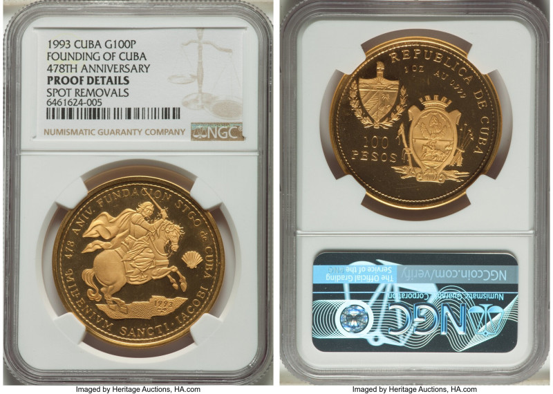 Republic gold Proof "Founding of Cuba" 100 Pesos 1993 Proof Details (Spot Remova...