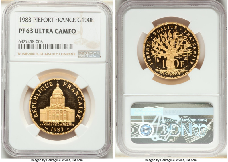 Republic gold Proof Piefort 100 Francs 1983 PR63 Ultra Cameo NGC, Paris mint, KM...