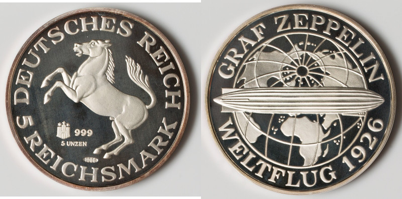 Federal Republic silver Proof Medallic "Graf Zeppelin" 5 Mark (5 oz) 1986 UNC, H...