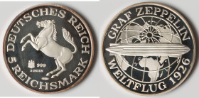 Federal Republic silver Proof Medallic "Graf Zeppelin" 5 Mark (5 oz) 1986 UNC, Hamburg mint, KM-Unl. 65mm. Sold with original case of issue and COA. 
...
