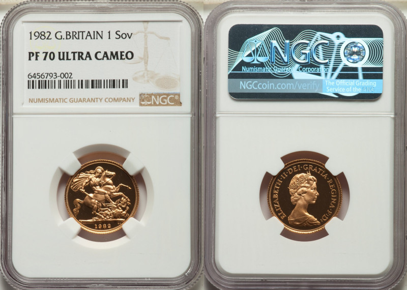 Elizabeth II gold Proof Sovereign 1982 PR70 Ultra Cameo NGC, KM919, S-SC1. Accom...