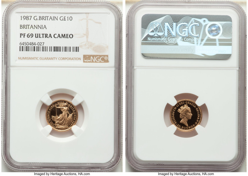 Elizabeth II gold Proof "Britannia" 10 Pounds 1987 PR69 Ultra Cameo NGC, KM950, ...