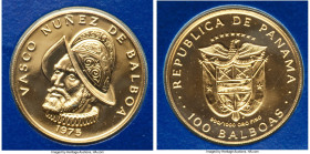 Republic gold "Vasco Nuñez de Balboa - 500th Anniversary of Birth" 100 Balboas 1975-FM UNC, Franklin mint, KM41. Housed in Franklin mint issued card h...