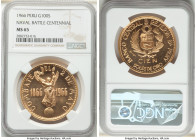 Republic gold "Naval Battle Centennial" 100 Soles 1966 MS65 NGC, Lima mint, KM251. From a reported mintage of only 6,253 pieces. Struck on the 100th A...