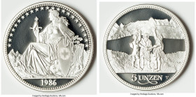 Confederation silver Proof "Rutli Eternal Pact" 5 Unzen 1986-HF UNC, Huguenin mint, KM-XMB1. 63mm. 155.5gm. Sold with Monnaie de Paris case. 

HID0980...