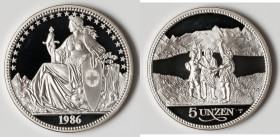 Confederation silver Proof "Rutli Eternal Pact" 5 Unzen 1986-HF UNC, Huguenin mint, KM-XMB1. 63mm. 155.5gm. Sold with original velvet case. 

HID09801...