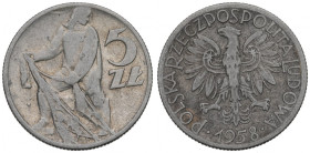 PRL, 5 złotych 1958 Rybak, wąska ósemka - RZADKOŚĆ DOUBLE DIE