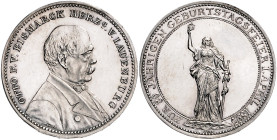Deutsche Medaillen. 
Personenmedaillen. 
Bismarck, Otto v. (1815-1898). Silbermed. 1895, v. Lauer, auf seinen 80. Geburtstag, Brb. re./Germania mit ...
