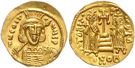 Byzantinische Münzen. 
Constantinus IV., 668-685. Solidus, GOLD, 4,41 g, Constantinopel, 2. Offizin, geprägt 669-674, bärtige Bü. fast v.v. mit Helm,...