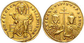Byzantinische Münzen. 
Constantinus VII., 913-959, u. Romanus I. Lecapenus, 920-944. Solidus, GOLD, 4,43 g, Constantinopel, geprägt 921-931, thronend...