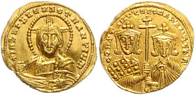 Byzantinische Münzen. 
Constantinus VII. u. Romanus II., 945-959. Solidus, GOLD, 4,40 g, Constantinopel, Christusbüste v.v./die Bü. von Constantinus ...
