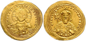 Byzantinische Münzen. 
Constantinus VIII., 1025-1028. Gold-Histamenon, 4,37 g, Constantinopel, Christusbüste v.v./Bü. des Kaisers v.v., in der Rechte...