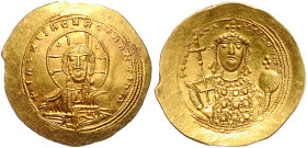 Byzantinische Münzen. 
Constantinus IX. Monomachus, 1042-1055. Gold-Histamenon, 4,42 g, Constantinopel, Christusbüste v.v., im Nimbus jeweils ein Hal...