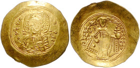 Byzantinische Münzen. 
Manuel I. Comnenus, 1143-1180. Gold-Hyperpyron, 4,45 g, Constantinopel, Bü. des jugendlichen, segnenden Christus v.v., in der ...