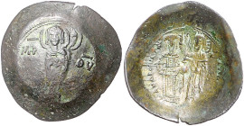 Byzantinische Münzen. 
Andronicus I. Comnenus, 1183-1185. Billon-Aspron-Trachy, 3,00 g, Constantinopel, Gottesmutter frontal auf Podest stehend, den ...