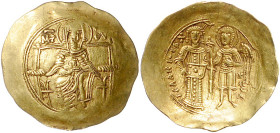 Byzantinische Münzen. 
Isaac II. Angelus, 1185-1195. Gold-Hyperpyron, 4,20 g, Constantinopel, thronende Gottesmutter v.v., einen Schild mit dem Kopf ...