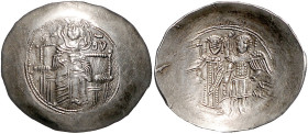 Byzantinische Münzen. 
Isaac II. Angelus, 1185-1195. Elektron-Aspron-Trachy, 4,05 g, Constantinopel, thronende Gottesmutter v.v., den Kopf des Christ...