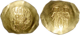 Byzantinische Münzen. 
Alexius III. Angelus-Comnenus, 1195-1203. Gold-Hyperpyron, 4,16 g, Constantinopel, Christus frontal auf Sockel stehend/der Kai...