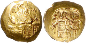 Byzantinische Münzen. 
Kaiserreich von Nicaea. Johannes III. Ducas-Vatatzes, 1222-1254. Gold-Hyperpyron, 4,07 g, Magnesia, geprägt 1232-1254, thronen...