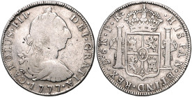 Bolivien. 
Carlos III. von Spanien 1759-1788. 8 Reales 1777, Potosi, Silber, 26,61 g. KM&nbsp;55, Cal.&nbsp;1174.

Vs. winz. Kratzer, ss